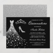 Zilver Zwart Diamant Jurk Tiara Quinceanera Kaart (Voorkant / Achterkant)
