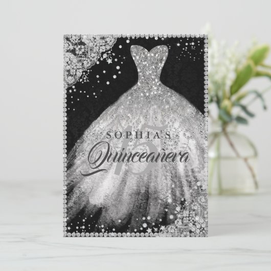 Zilver Zwart Diamant Kant Sparkle Gown Quinceanera Kaart (Staand voorkant)