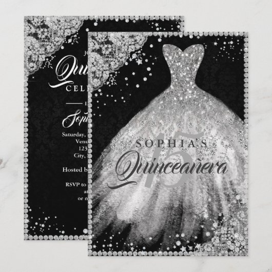 Zilver Zwart Diamant Kant Sparkle Gown Quinceanera Kaart (Voorkant / Achterkant)