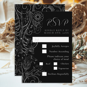 Zilver Zwart Elegant Bloemen Bruiloft Maaltijd Keu RSVP Kaartje