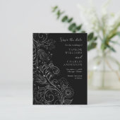 Zilver Zwart Elegant Bloemen Bruiloft Save The Dat Briefkaart (Staand voorkant)
