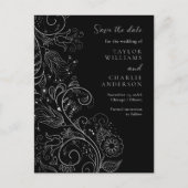 Zilver Zwart Elegant Bloemen Bruiloft Save The Dat Briefkaart (Voorkant)