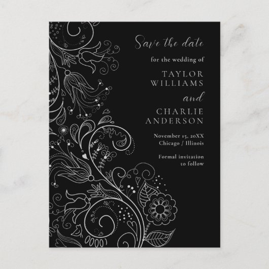Zilver Zwart Elegant Bloemen Bruiloft Save The Dat Briefkaart (Voorkant)