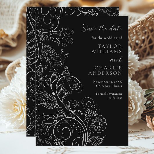 Zilver Zwart Elegant Bloemen Bruiloft Save The Dat Date