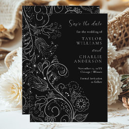 Zilver Zwart Elegant Bloemen Bruiloft Save The Dat Save The Date