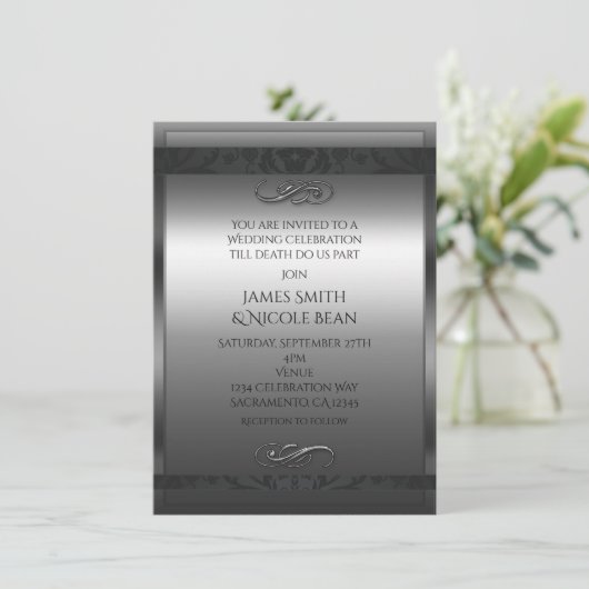 Zilver & Zwart Elegante Huwelijksuitnodiging Kaart (Staand voorkant)
