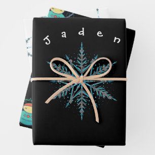 Zilver Zwart en Blauw Custom Snowflake Robot Inpakpapier Vel