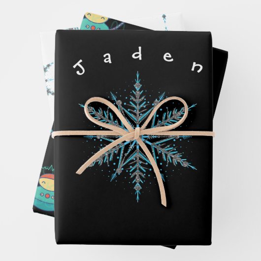 Zilver Zwart en Blauw Custom Snowflake Robot Inpakpapier Vel (In situ)