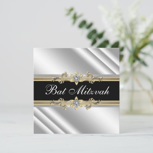 Zilver Zwart en Goud Bat Mitswa Kaart (Staand voorkant)