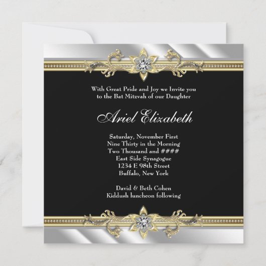 Zilver Zwart en Goud Bat Mitswa Kaart (Achterkant)