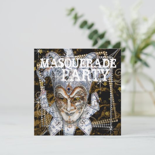 Zilver Zwart en Goud Maskerade Party Kaart (Staand voorkant)