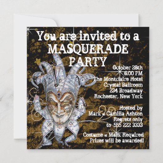 Zilver Zwart en Goud Maskerade Party Kaart (Achterkant)