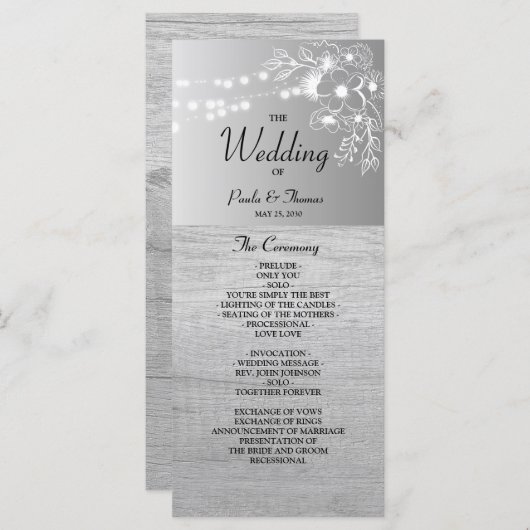 Zilver Zwart en Wit Huwelijksprogramma Programmakaart (Voorkant / Achterkant)
