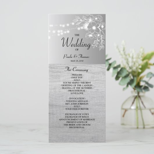 Zilver Zwart en Wit Huwelijksprogramma Programmakaart (Staand voorkant)