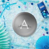 Zilver, Zwart en Wit Metallic Folie Monogram Papieren Bordje (Feest)