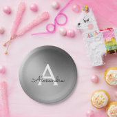 Zilver, Zwart en Wit Metallic Folie Monogram Papieren Bordje (Feest)
