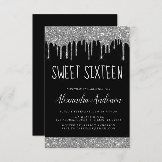 Zilver Zwart Glitter Sparkle Elegant Sweet 16 Kaart (Voorkant / Achterkant)