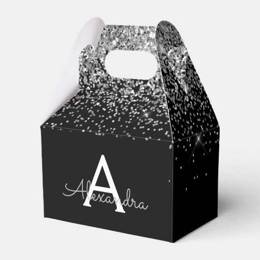 Zilver Zwart Glitter & Sparkle Monogram Bedankdoosjes (Voorkant Zijde)