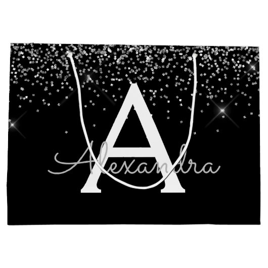 Zilver Zwart Glitter & Sparkle Monogram Groot Cadeauzakje (Achterkant)