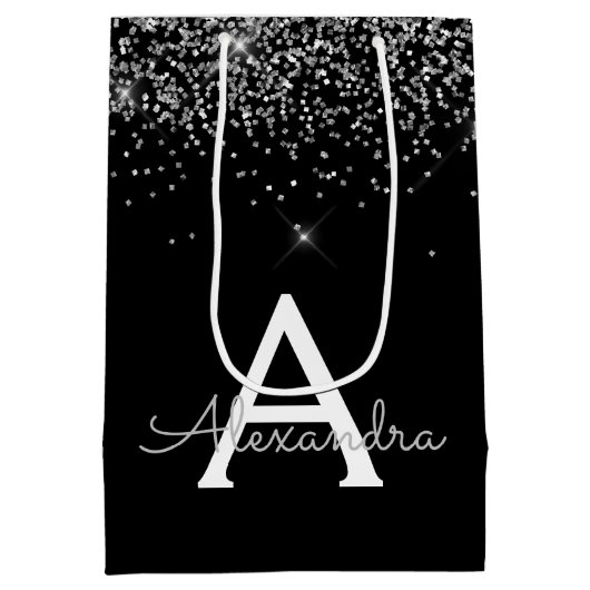Zilver Zwart Glitter & Sparkle Monogram Medium Cadeauzakje (Achterkant)