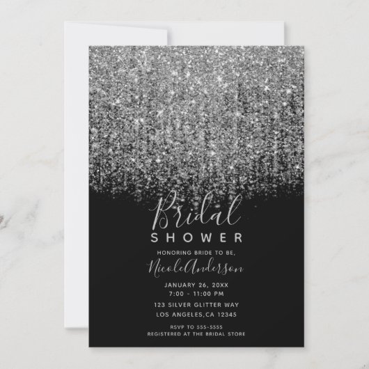 Zilver & Zwart Glitterend Bruiloft Feest Kaart (Voorkant)