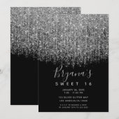 Zilver & Zwart Glitterende Sweet 16-feestje Kaart (Voorkant / Achterkant)
