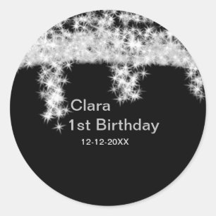 Zilver zwart glitters voeg naam verjaardag datum j ronde sticker