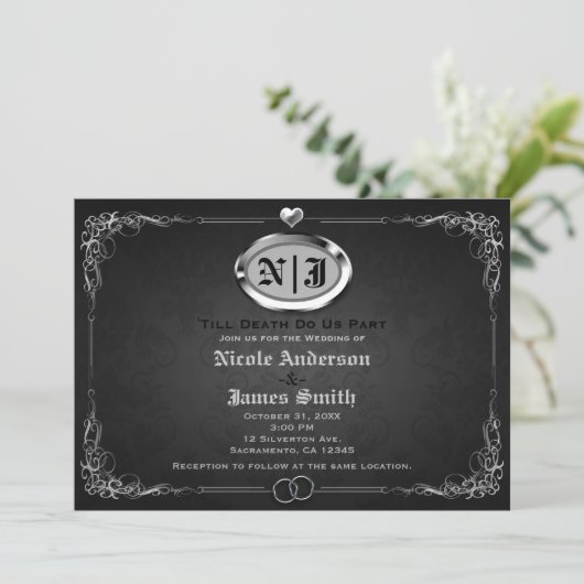 Zilver & Zwart  Gotisch Halloween Bruiloft Kaart (Staand voorkant)