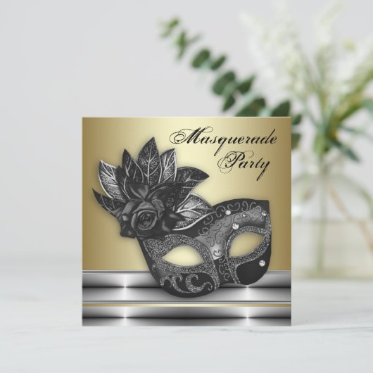 Zilver Zwart Goud Masquerade Party Uitnodigingen (Staand voorkant)