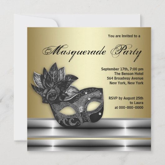 Zilver Zwart Goud Masquerade Party Uitnodigingen (Achterkant)