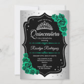 Zilver Zwart Groen Quinceanera Kaart (Voorkant)