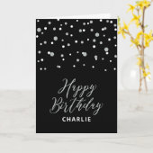 Zilver & Zwart Happy Birthday Custom Naam Groet Kaart (Gele Bloem)