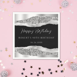 Zilver Zwart Happy Birthday Papier Servet