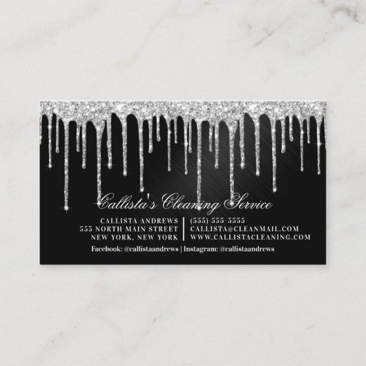 Zilver Zwart Metallic Glitter Druppels Reiniging Visitekaartje (Achterkant)