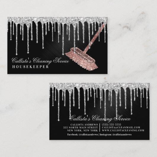 Zilver Zwart Metallic Glitter Druppels Reiniging Visitekaartje (Voorkant / Achterkant)