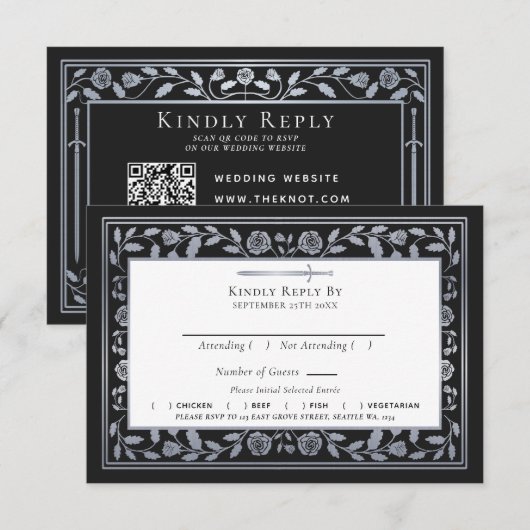 Zilver Zwart Middeleeuws Zwaard Wedding RSVP QR Co Informatiekaartje (Voorkant / Achterkant)