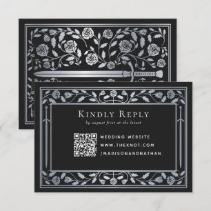 Zilver Zwart Middeleeuws Zwaard Wedding RSVP QR Co Informatiekaartje