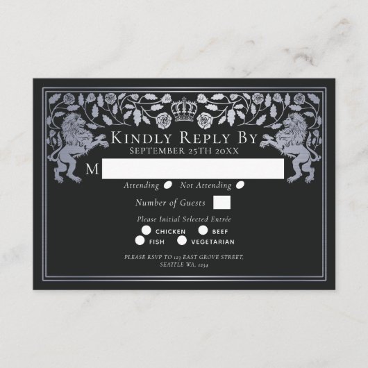 Zilver Zwart Middeleeuwse Leeuw Bruiloft RSVP Informatiekaartje (Voorkant)