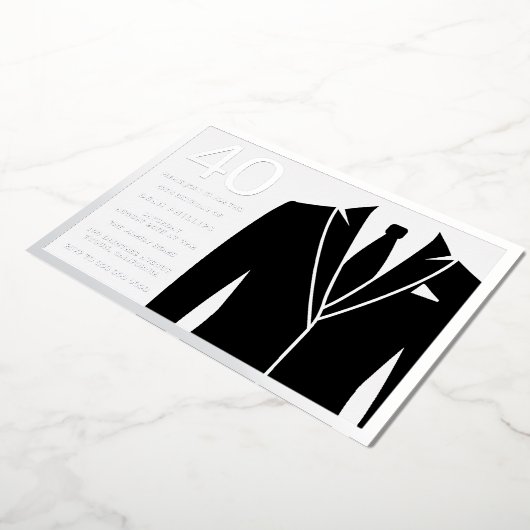 Zilver & Zwart Pak & Das 40ste Verjaardagsfeest Fo Folie Uitnodiging (Gedraaid)