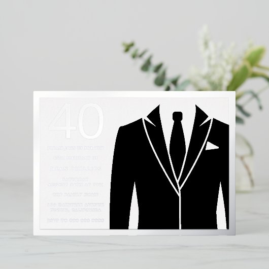 Zilver & Zwart Pak & Das 40ste Verjaardagsfeest Fo Folie Uitnodiging (Staand Voorkant)