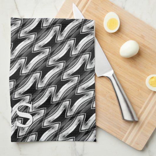 Zilver Zwart Patroon: Monogram Keuken Decor Theedoek (Quarter Fold)