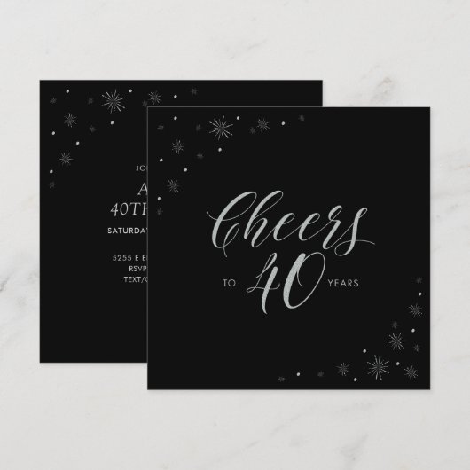 Zilver & Zwart Proost 40e verjaardag Party Square Kaart (Voorkant / Achterkant)