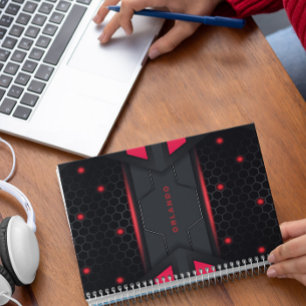 Zilver, zwart, rood, geometrisch gaming monogram notitieboek