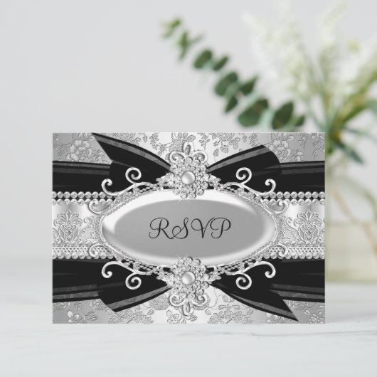 Zilver Zwart Roos & Juweel 25e Jubileum RSVP (Staand voorkant)