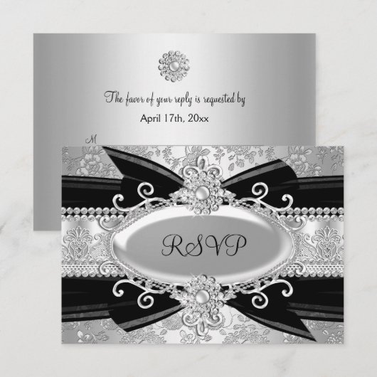 Zilver Zwart Roos & Juweel 25e Jubileum RSVP (Voorkant / Achterkant)