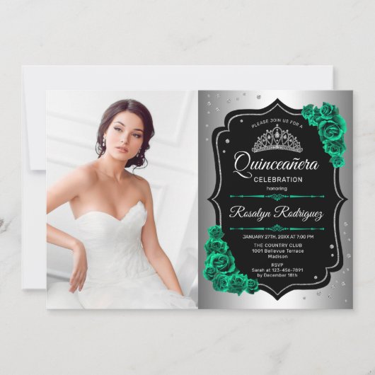 Zilver Zwart Smaragd Groen Foto Quinceanera Kaart (Voorkant)