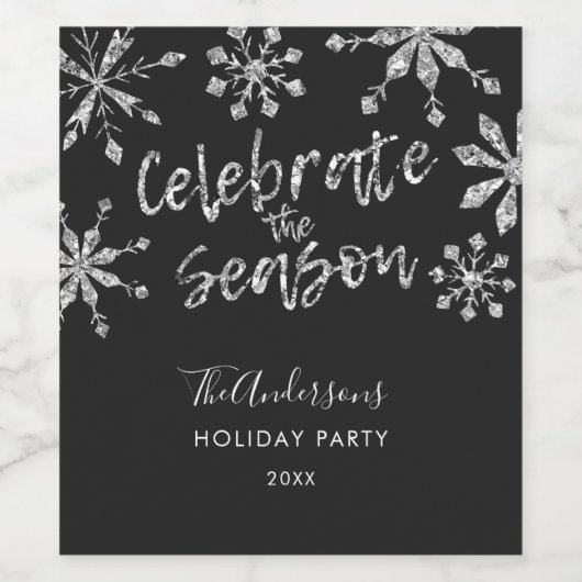 Zilver Zwart Sneeuwvlok Kerstfeest Wijn Etiket (Enkel label)