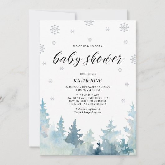 Zilver & Zwart Sneeuwvlok Winterbos Baby shower Kaart (Voorkant)