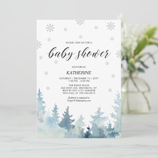 Zilver & Zwart Sneeuwvlok Winterbos Baby shower Kaart (Staand voorkant)
