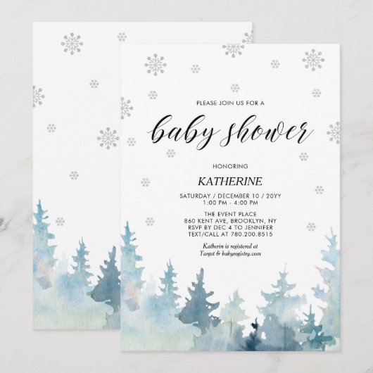 Zilver & Zwart Sneeuwvlok Winterbos Baby shower Kaart (Voorkant / Achterkant)